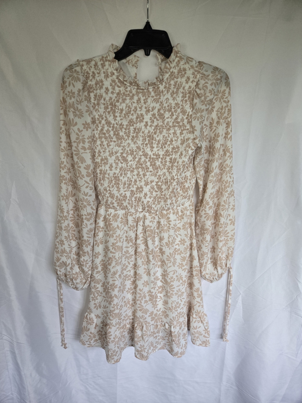 Altar'd State Tan and White Floral Smocked Puff Sleeve Mini Dress Size XS